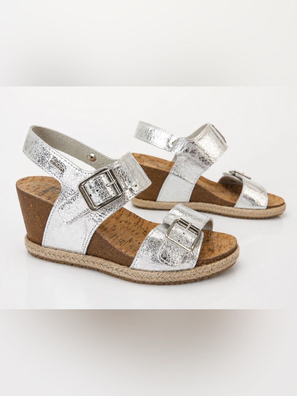 Silver Metallic Wedge Sandals with Buckle Straps